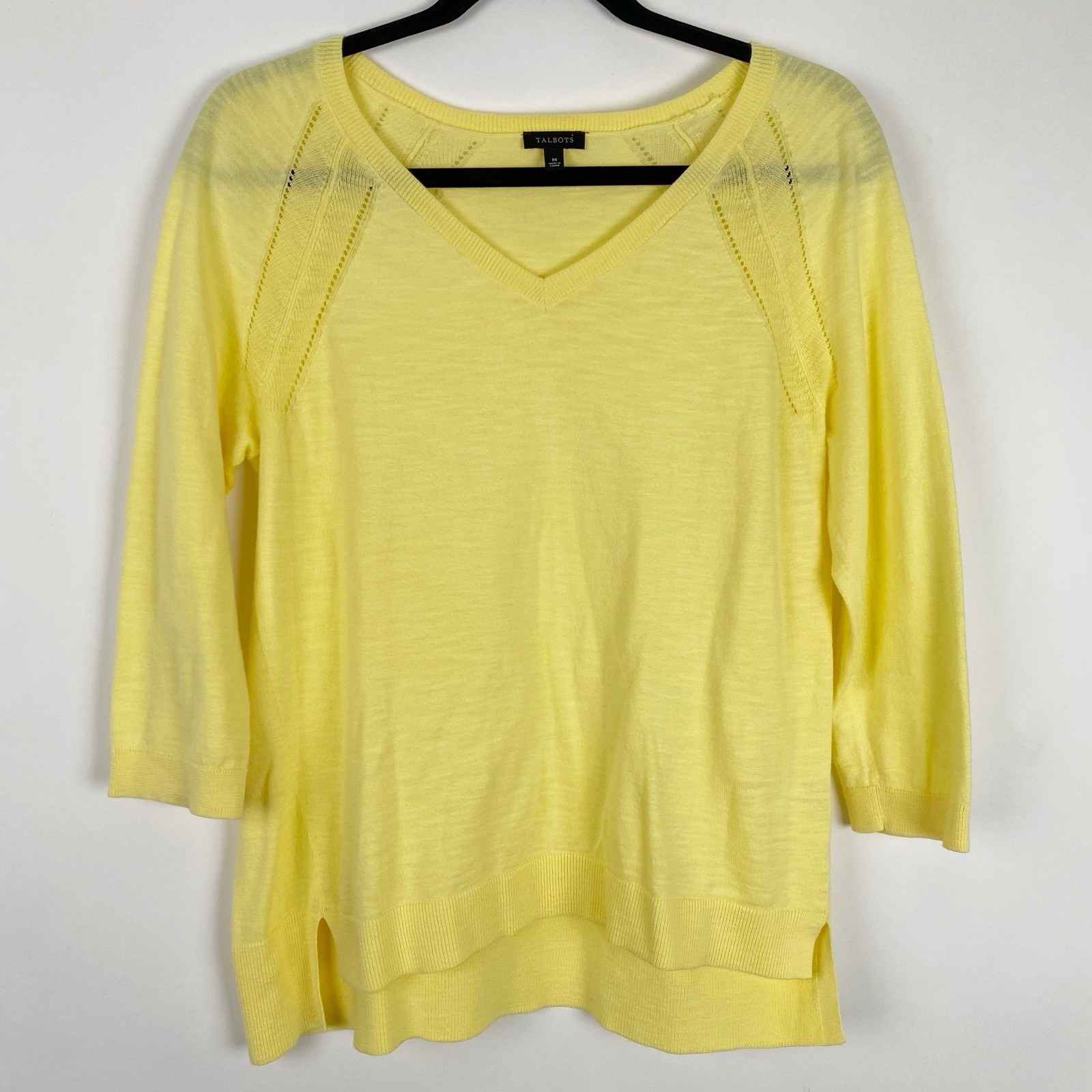 Talbots Pointelle Shoulder V-Neck 3/4 Sleeve Sweater Womens M Yellow Lightweight